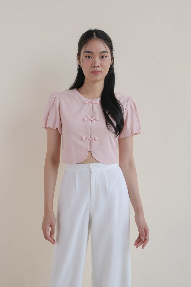 YING PUFF SLEEVE LINEN TOP PINK