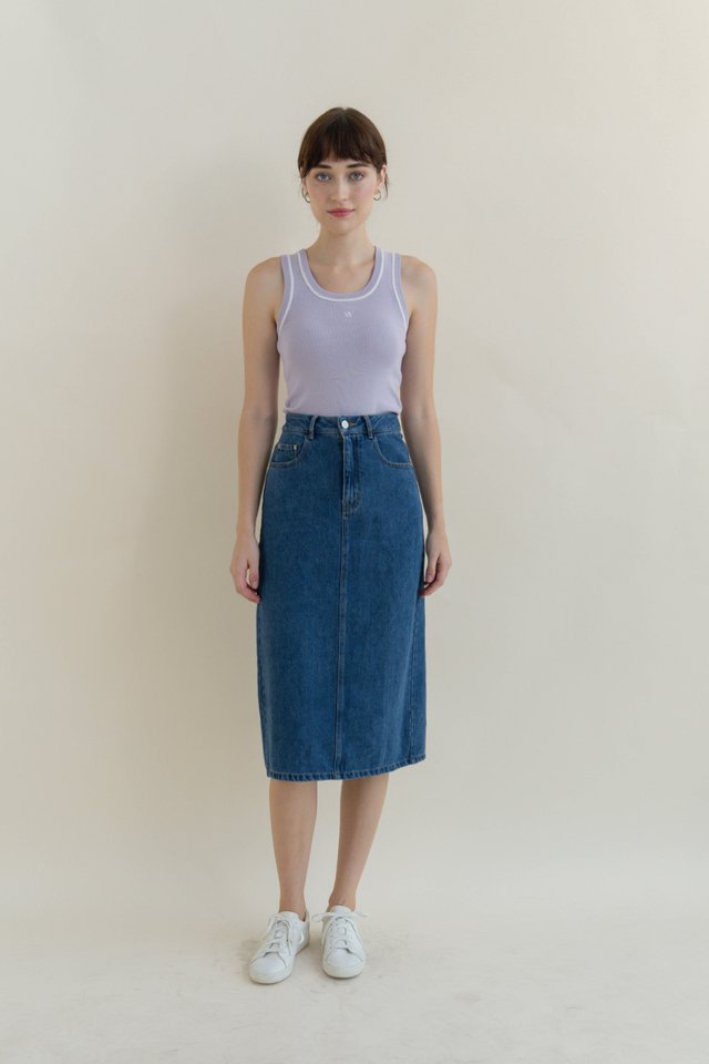 EDIE DENIM MIDI SKIRT DARK WASH