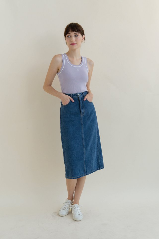 EDIE DENIM MIDI SKIRT DARK WASH