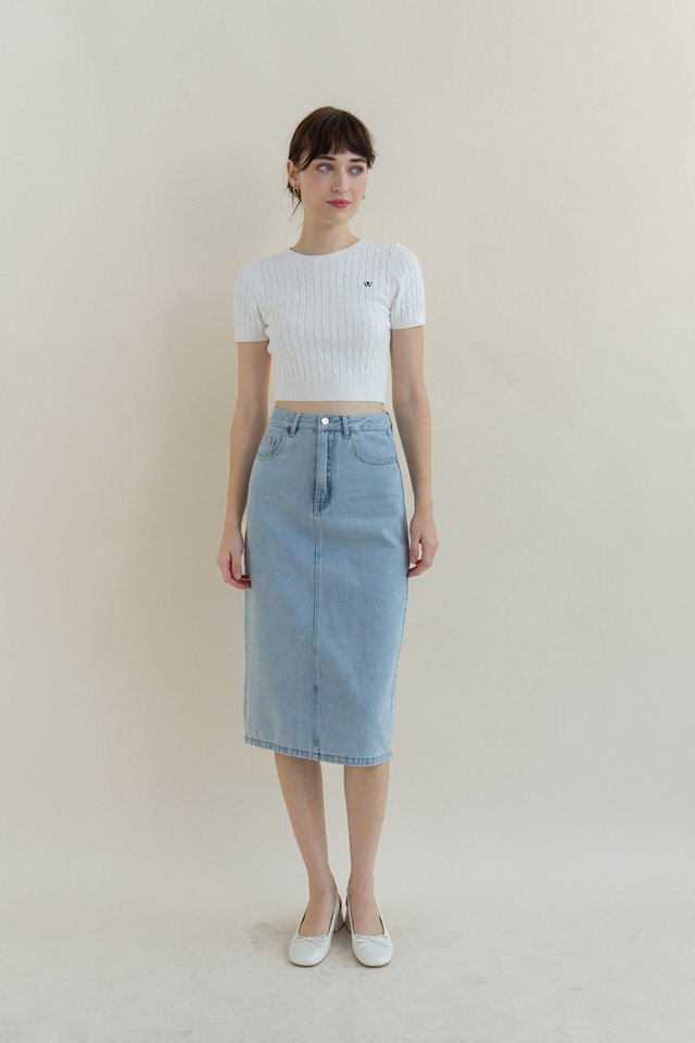 EDIE DENIM MIDI SKIRT MIDWASH