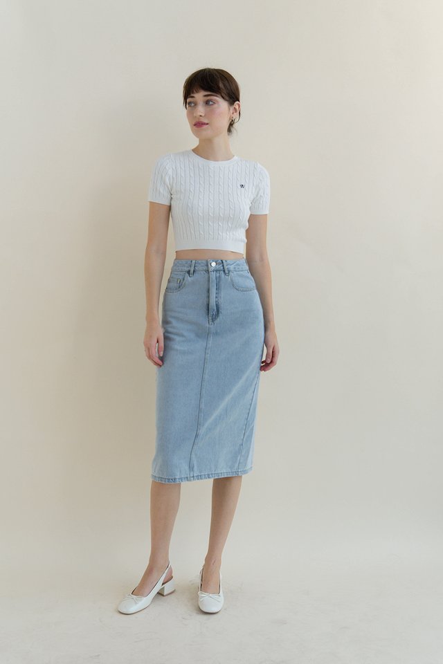 EDIE DENIM MIDI SKIRT MIDWASH