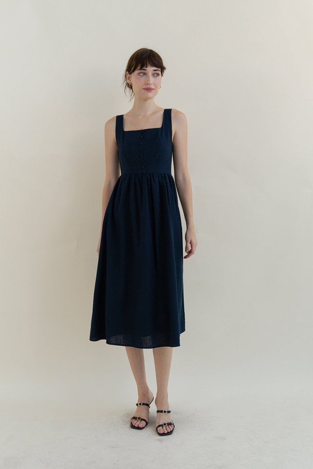 MAUREEN LINEN BUTTON DRESS NAVY