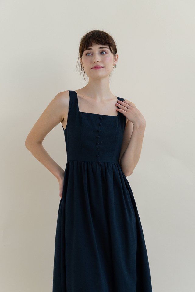 MAUREEN LINEN BUTTON DRESS NAVY