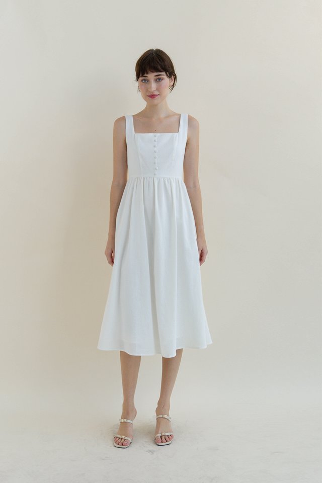 MAUREEN LINEN BUTTON DRESS WHITE