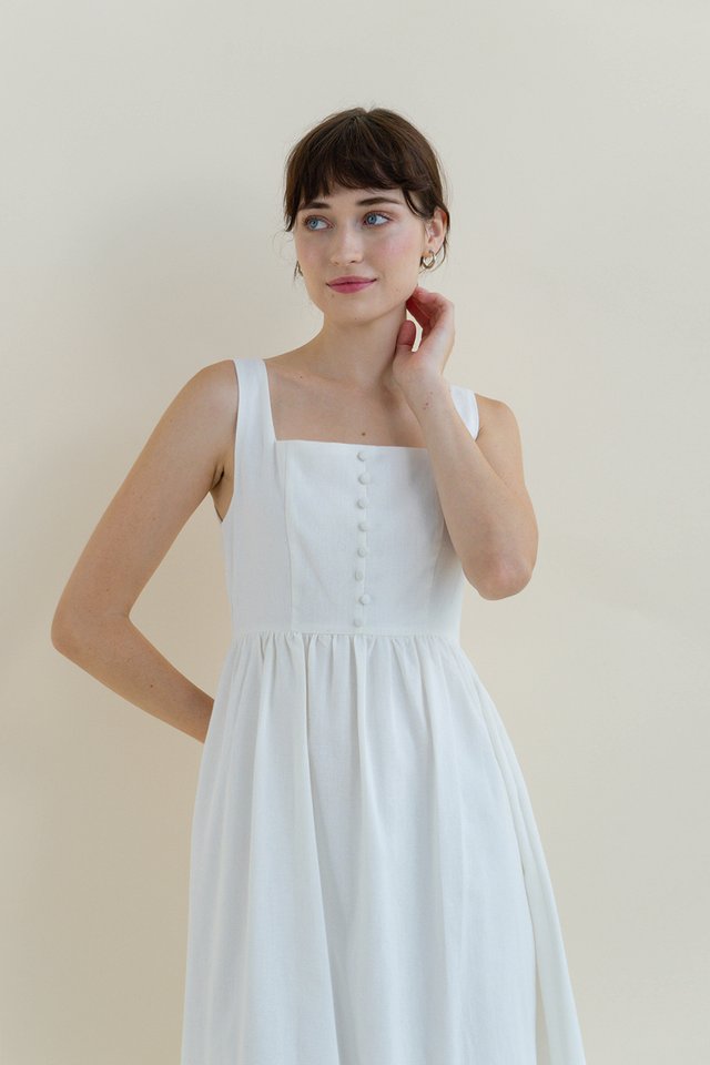 MAUREEN LINEN BUTTON DRESS WHITE