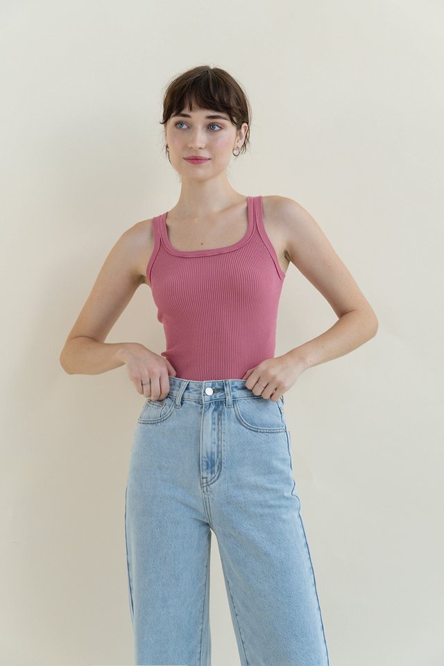BREA RIBBED KNIT SPAG TOP FRENCH ROSE
