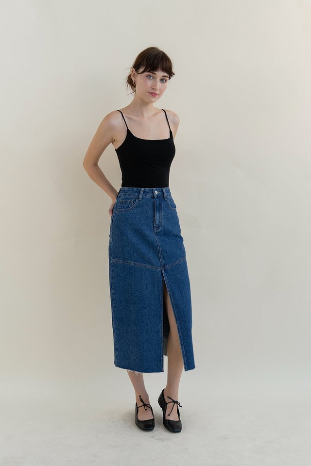 MAYANN DENIM SPLIT MIDI SKIRT DARK WASH