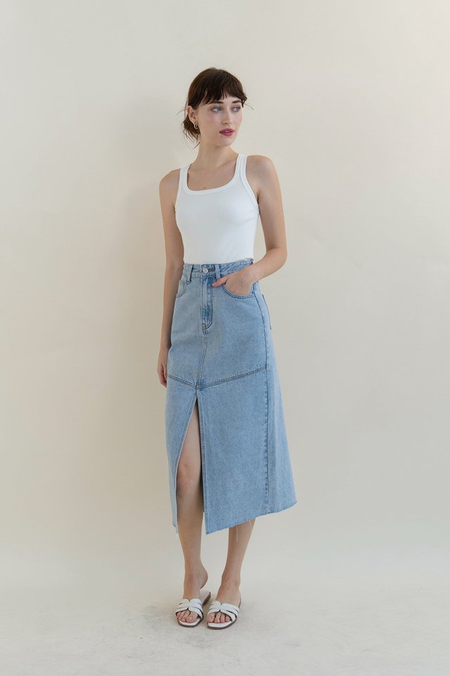 MAYANN DENIM SPLIT MIDI SKIRT LIGHT WASH