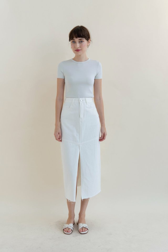 MAYANN DENIM SPLIT MIDI SKIRT WHITE