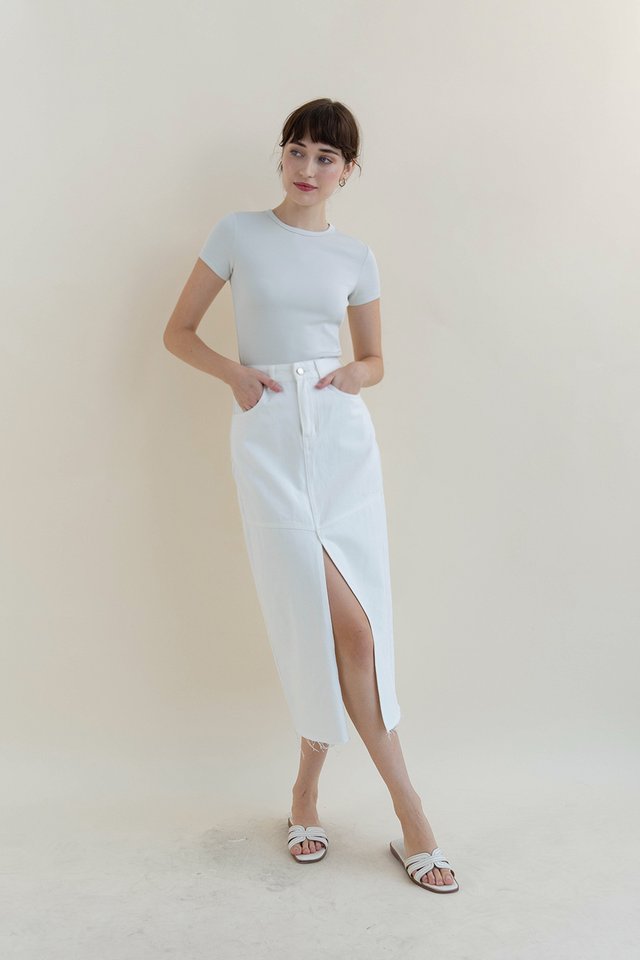 MAYANN DENIM SPLIT MIDI SKIRT WHITE