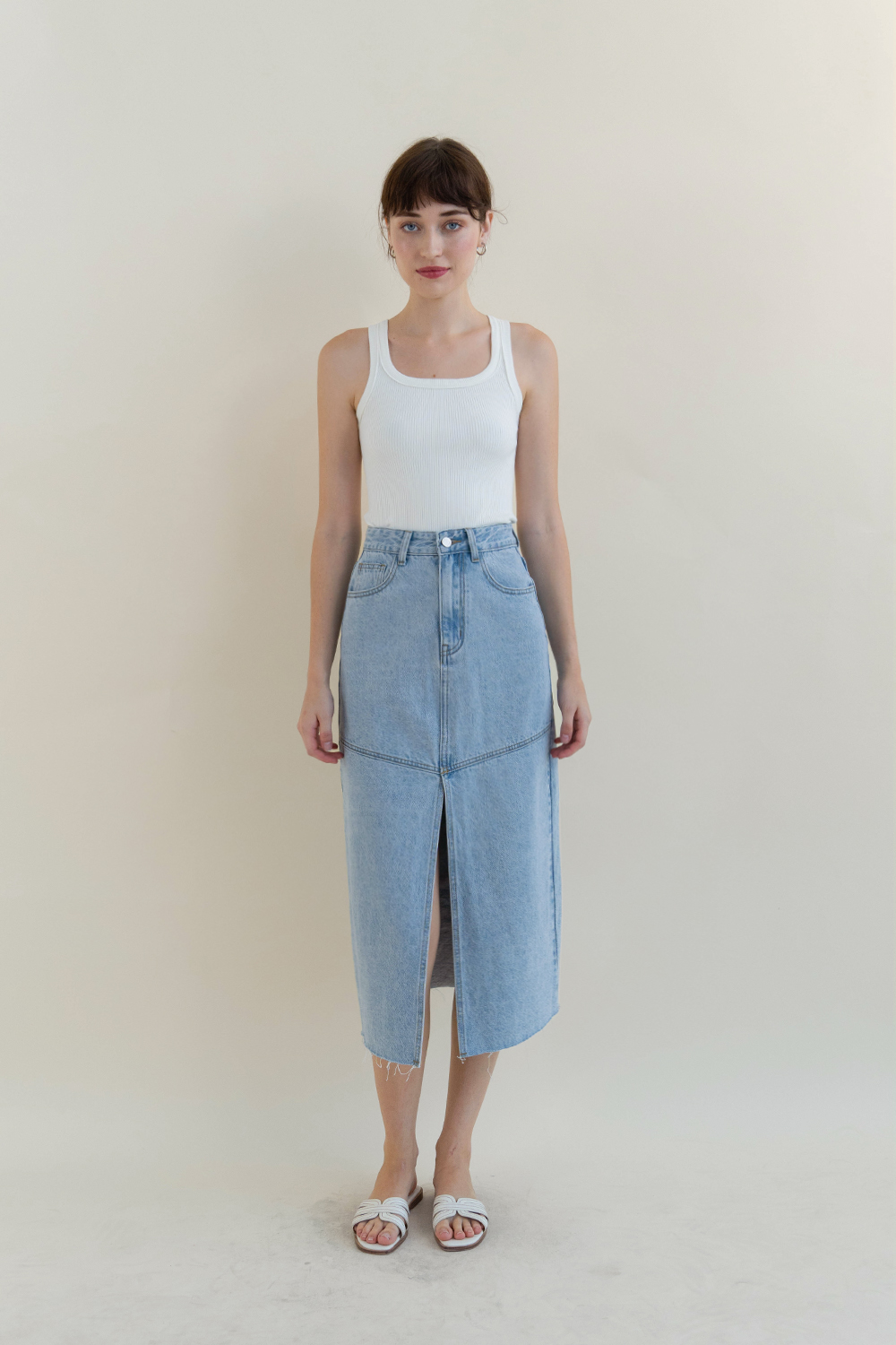 【BAON】Millery Wash Denim Midi Skirt Denim Midi Skirt in Medium Wash – The Normal Brand
