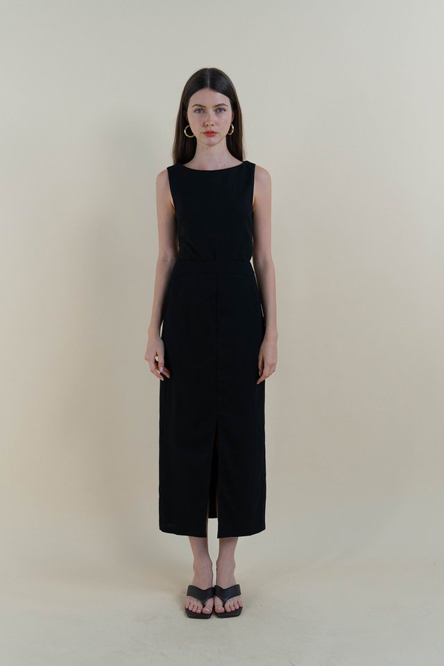 MARCIA SLIT FRONT LINEN SKIRT BLACK