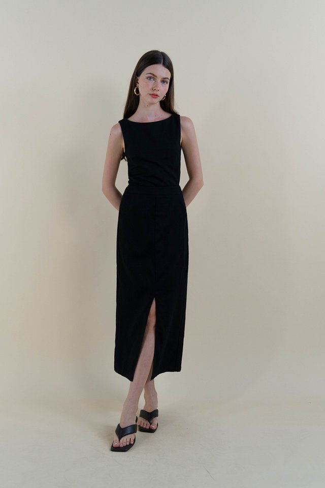MARCIA SLIT FRONT LINEN SKIRT BLACK