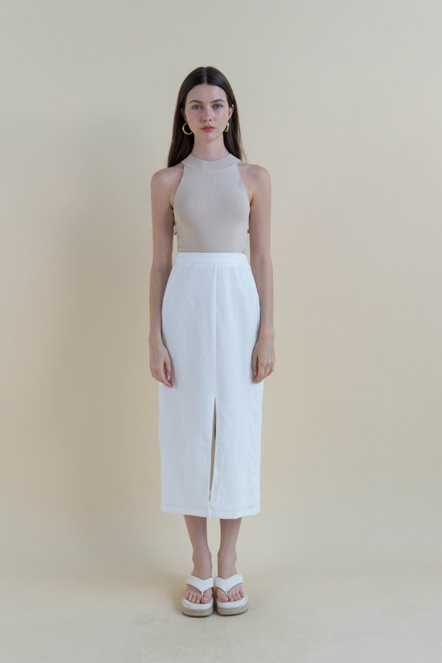 MARCIA SLIT FRONT LINEN SKIRT WHITE