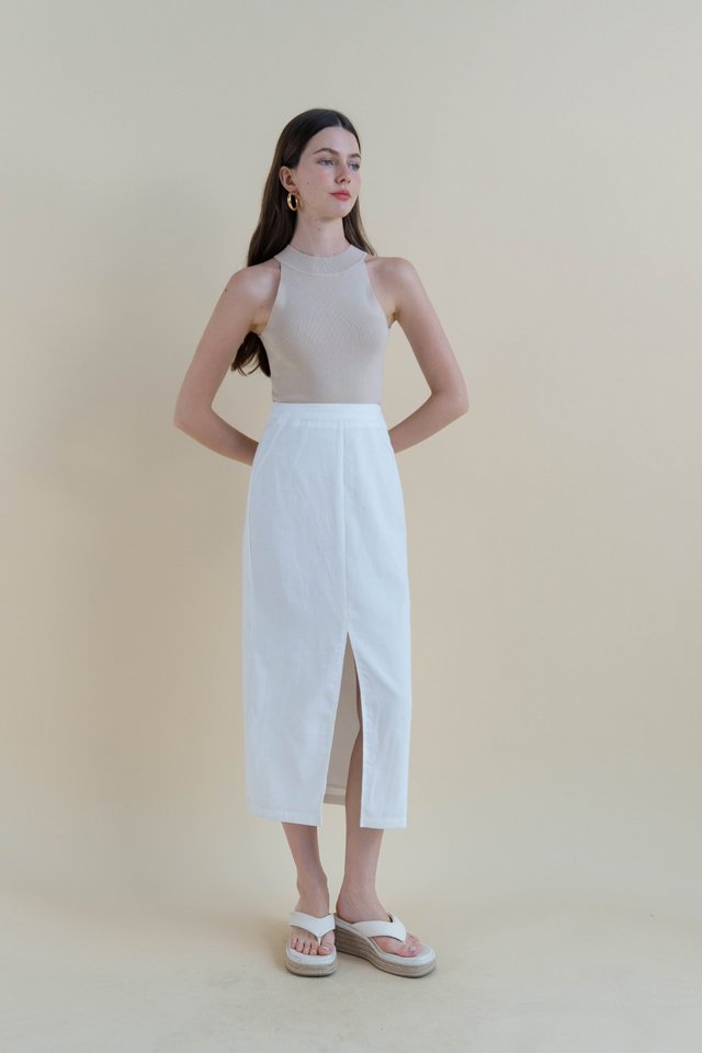 MARCIA SLIT FRONT LINEN SKIRT WHITE