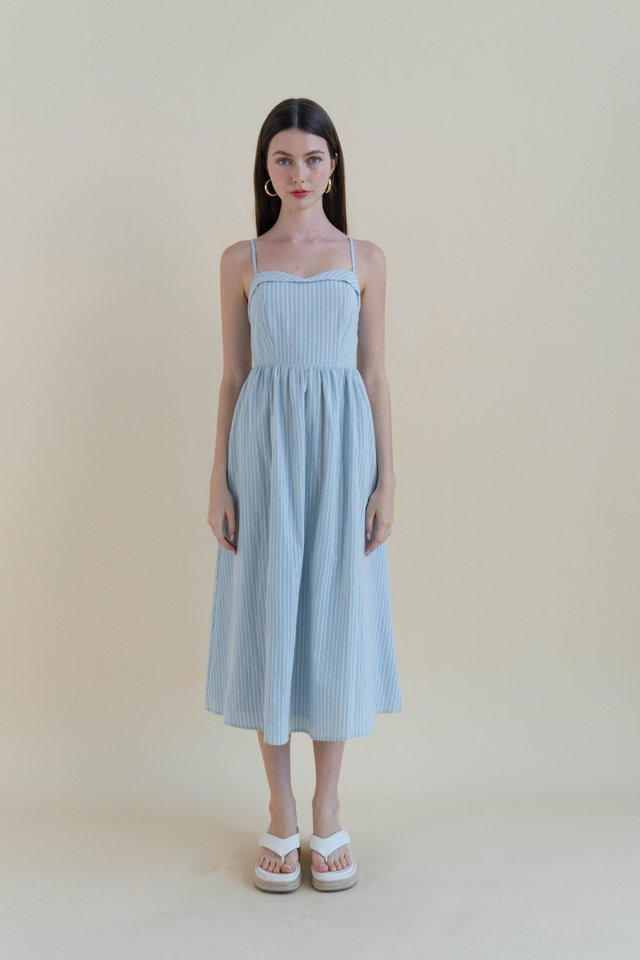 PIPPA LINEN FLARE DRESS STRIPED BLUE