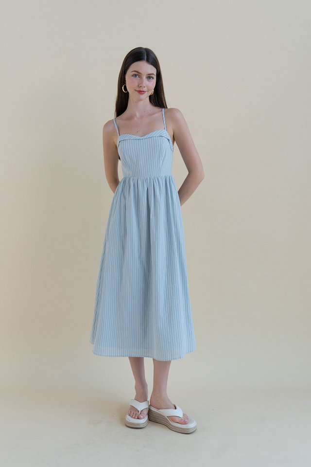PIPPA LINEN FLARE DRESS STRIPED BLUE