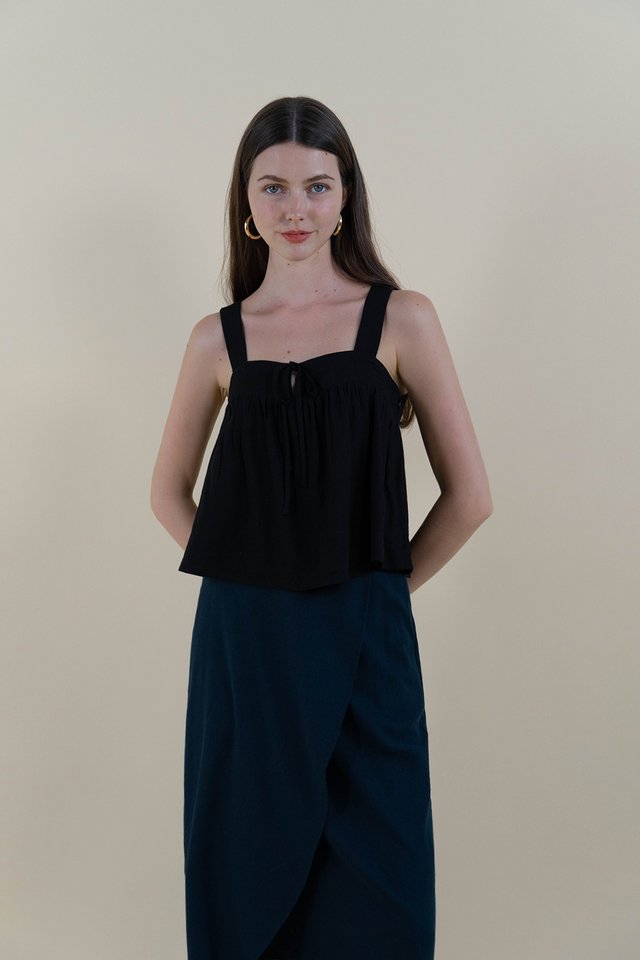 RUTH SQUARE NECK RIBBON TOP BLACK