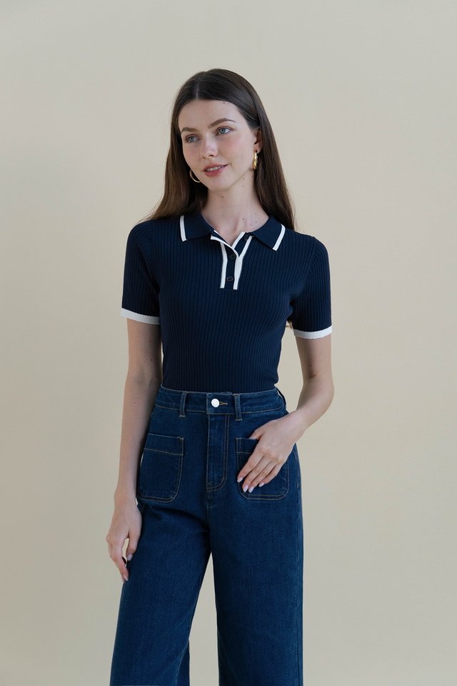 STEFFI POLO KNIT TOP NAVY