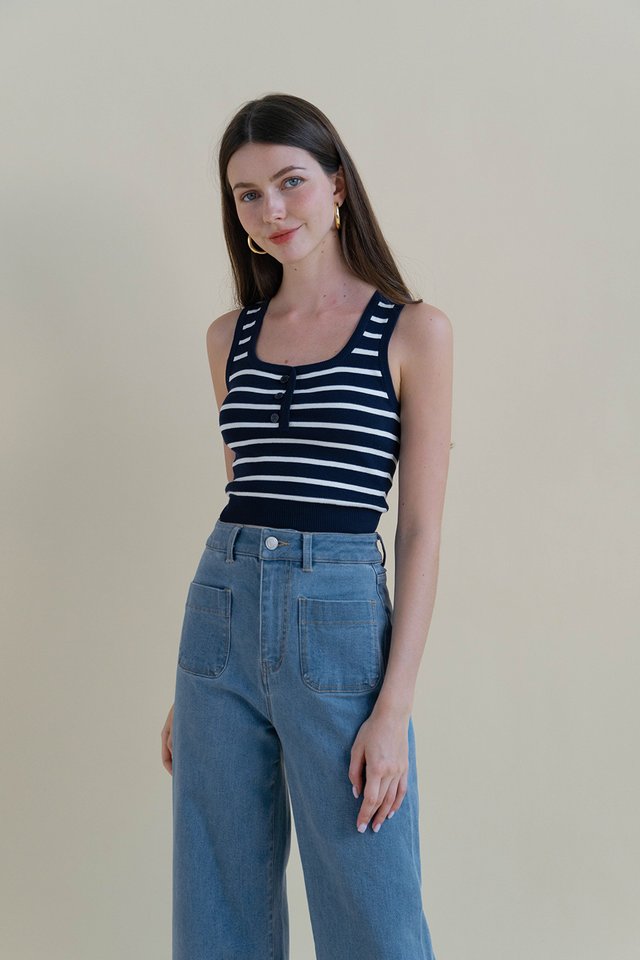 TYRA STRIPED HENLEY KNIT TOP NAVY