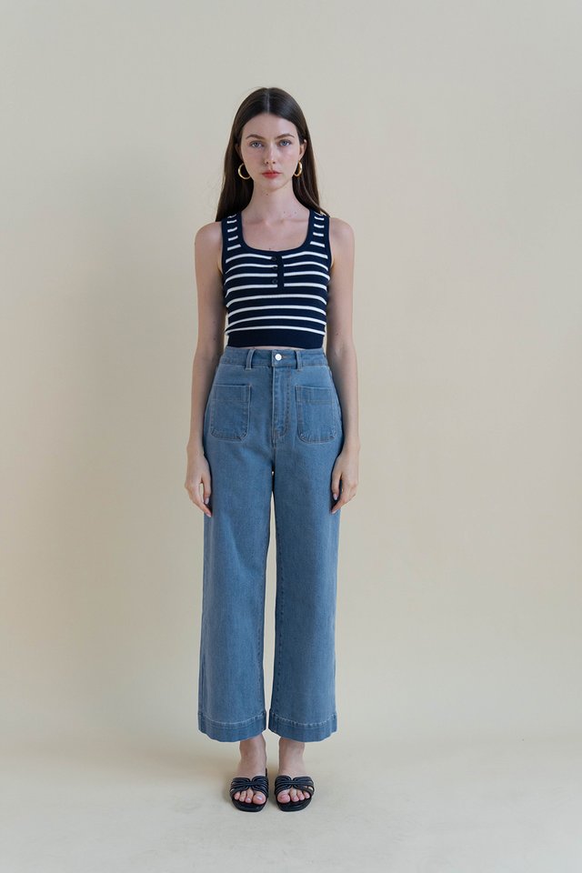 TYRA STRIPED HENLEY KNIT TOP NAVY