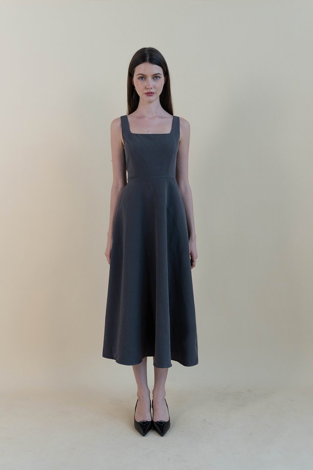 HAZELLE SQUARE NECK WORK DRESS SLATE