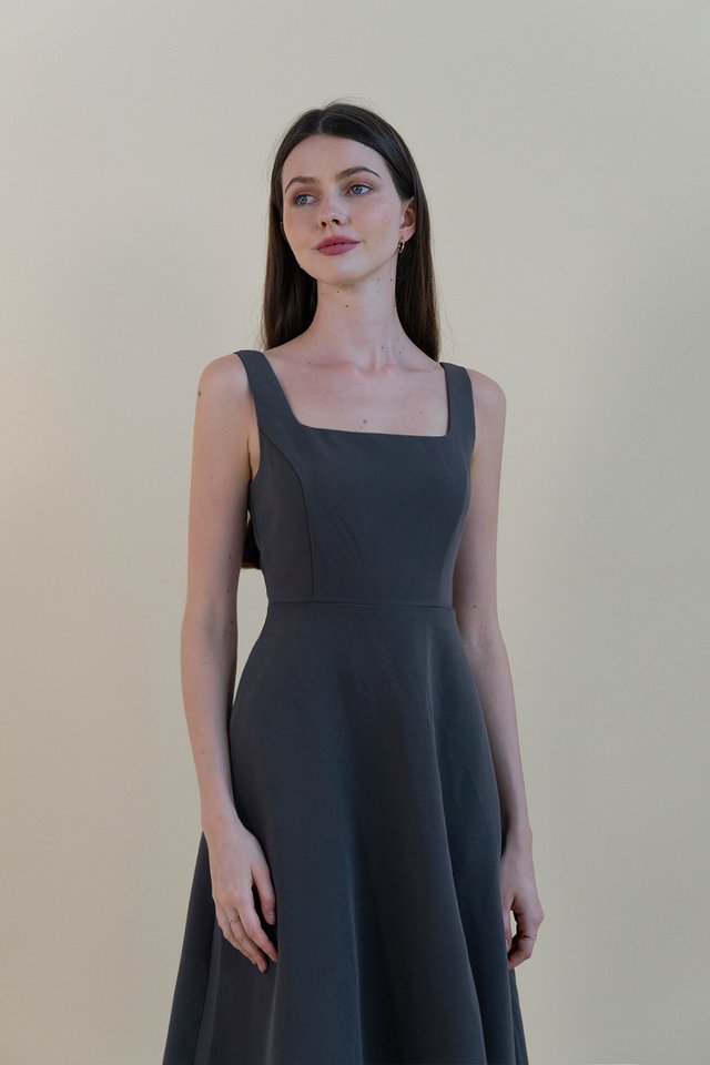 HAZELLE SQUARE NECK WORK DRESS SLATE