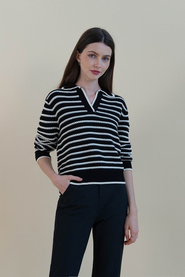JESSI STRIPED KNIT PULLOVER BLACK