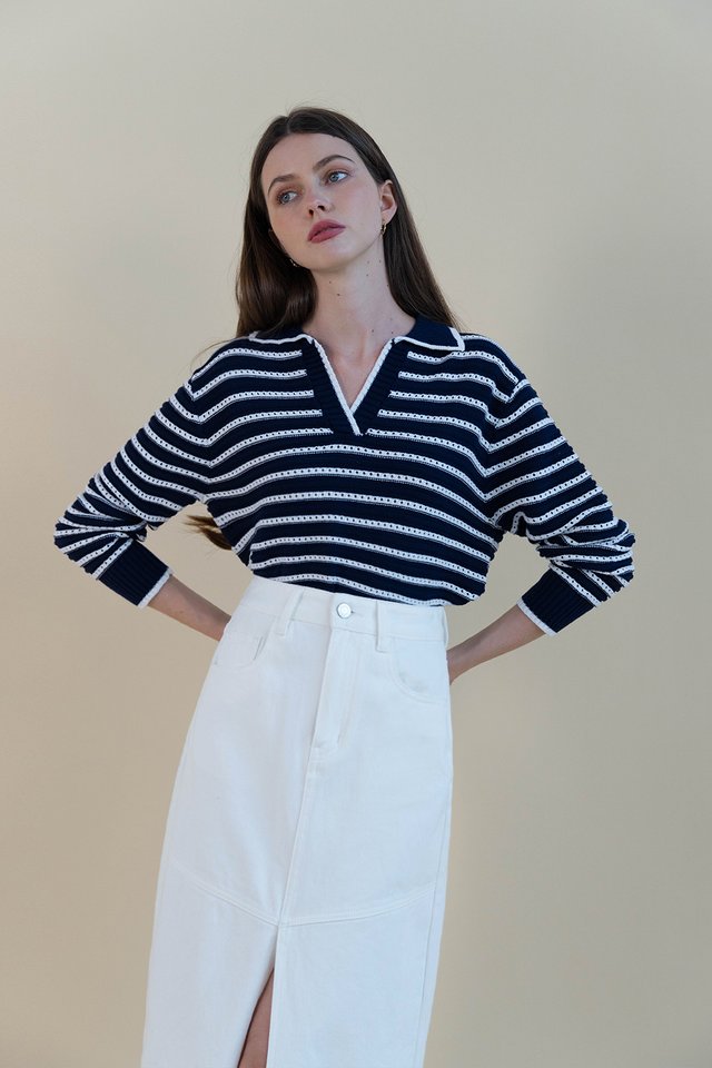 JESSI STRIPED KNIT PULLOVER NAVY