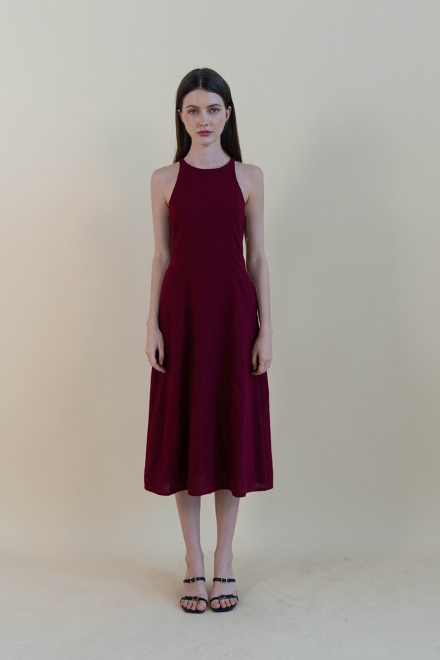 STELLA LINEN DRESS BURGUNDY