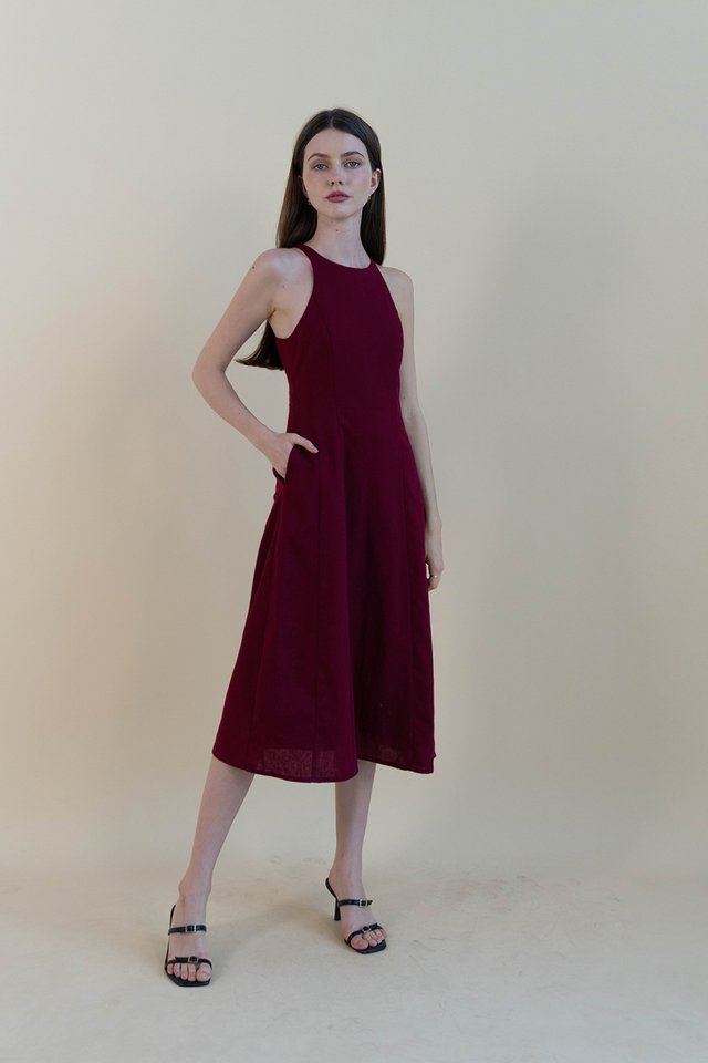 STELLA LINEN DRESS BURGUNDY