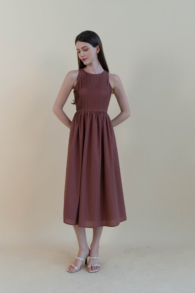 WHITNEY PLEATED BODICE DRESS ROSEWOOD