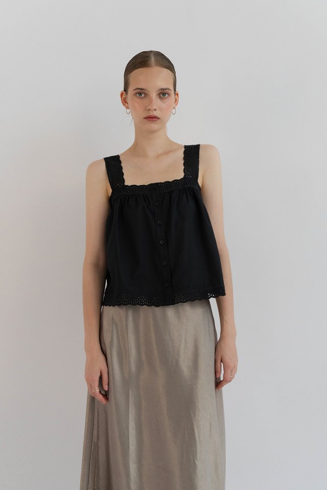 ALTHEA EYELET LOOSE TANK TOP BLACK
