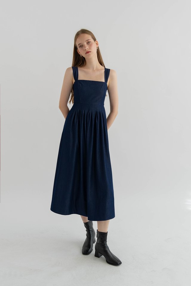 DAVINA DENIM FLARE DRESS DARK BLUE