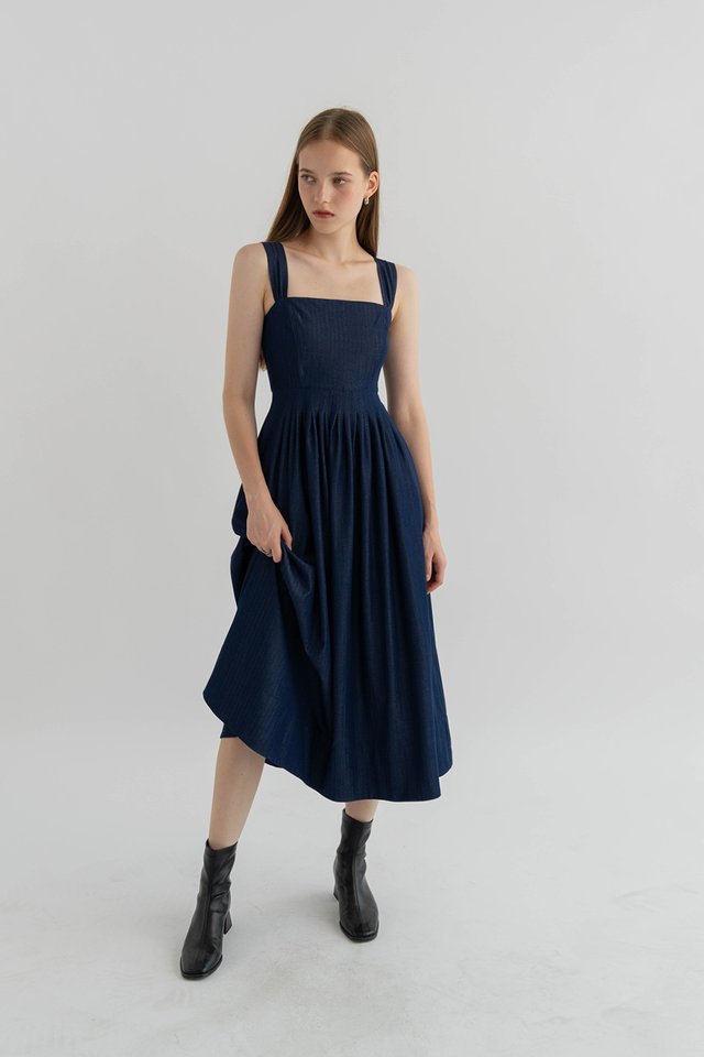 DAVINA DENIM FLARE DRESS DARK BLUE