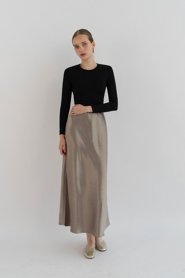 MOYA SATIN LONG SKIRT PEWTER