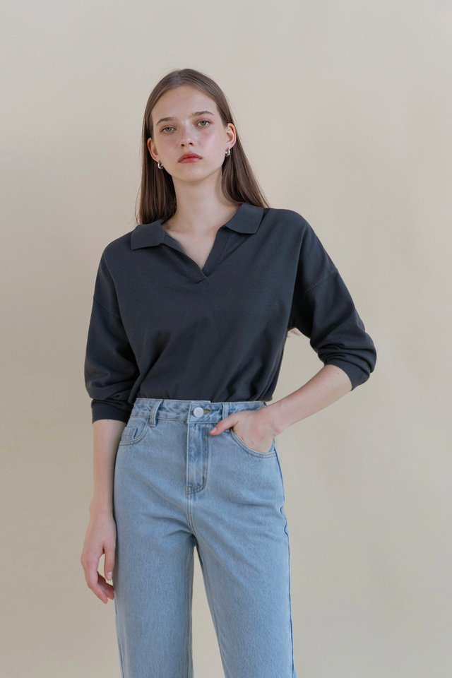 ROXANNE COLLARED KNIT PULLOVER DARK GREY