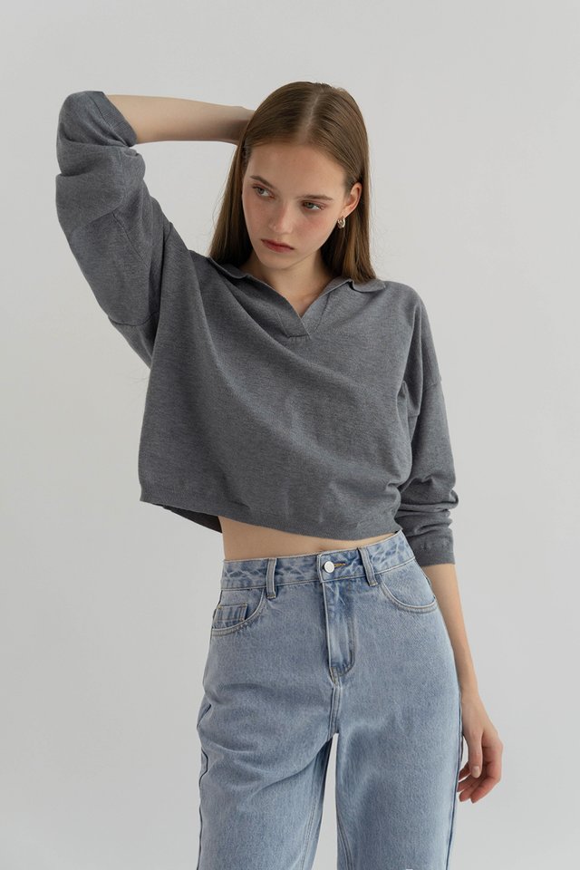 ROXANNE COLLARED KNIT PULLOVER SLATE