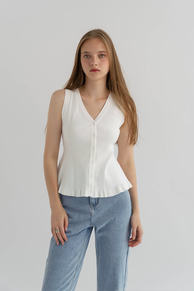 YASMIN KNIT FLARE VEST TOP WHITE