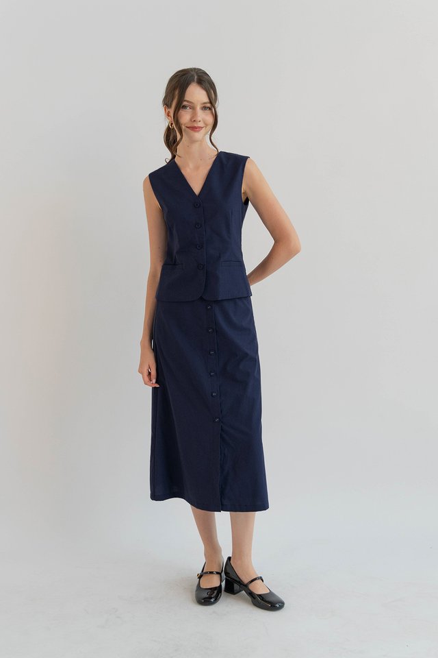 HAILEY BUTTONDOWN LINEN SKIRT NAVY
