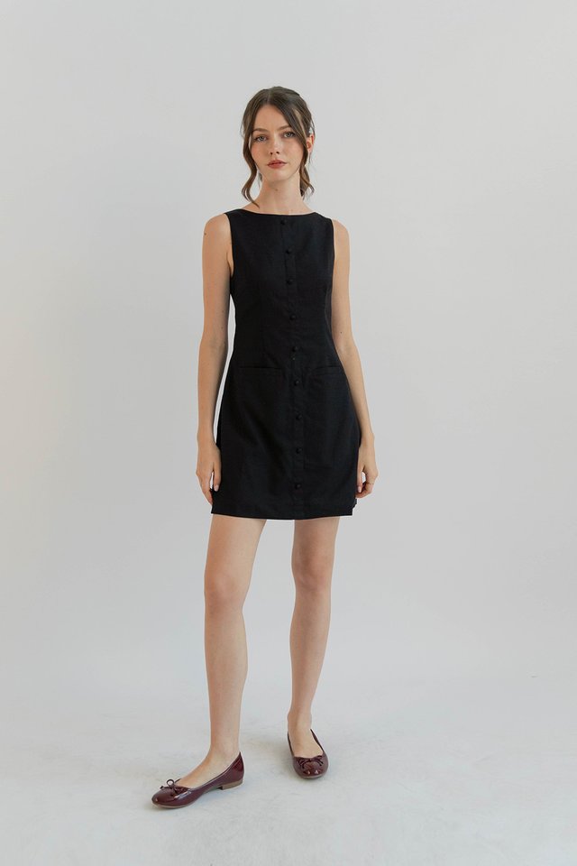 IRISA LINEN SHIFT DRESS BLACK