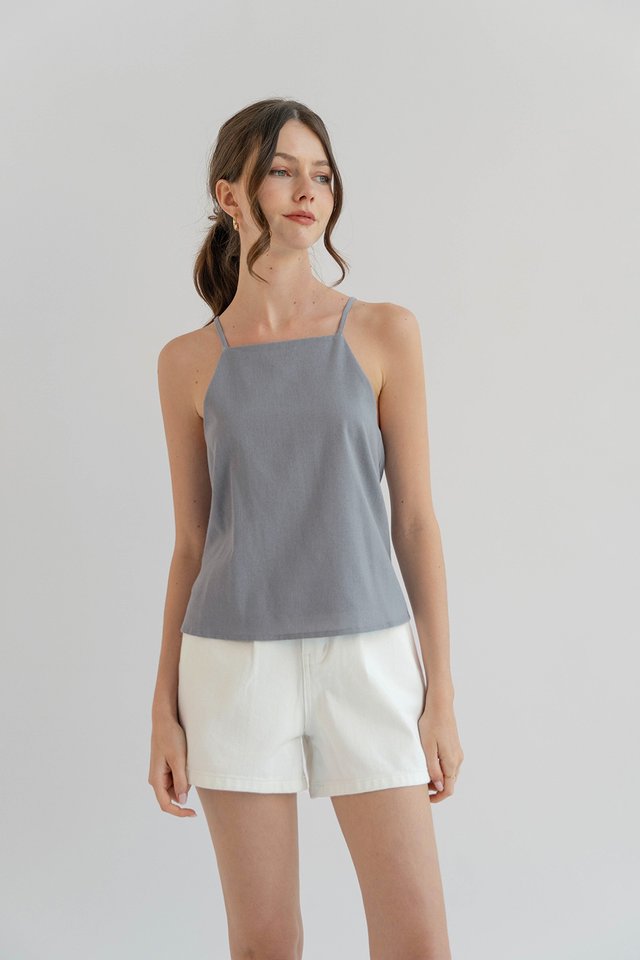 JANICE HIGH NECK LINEN TOP BLUE