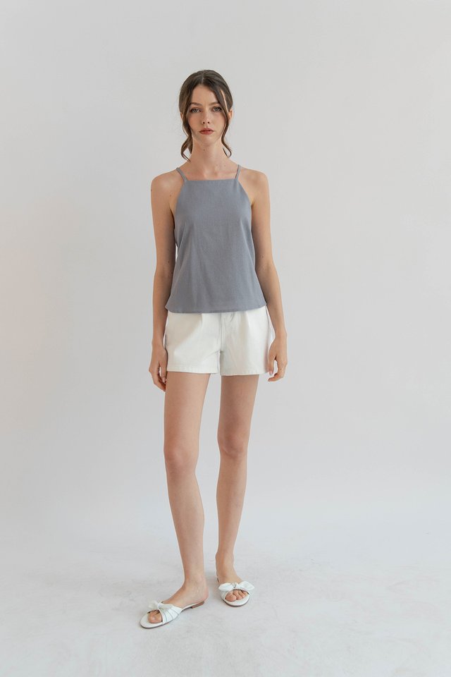 JANICE HIGH NECK LINEN TOP BLUE