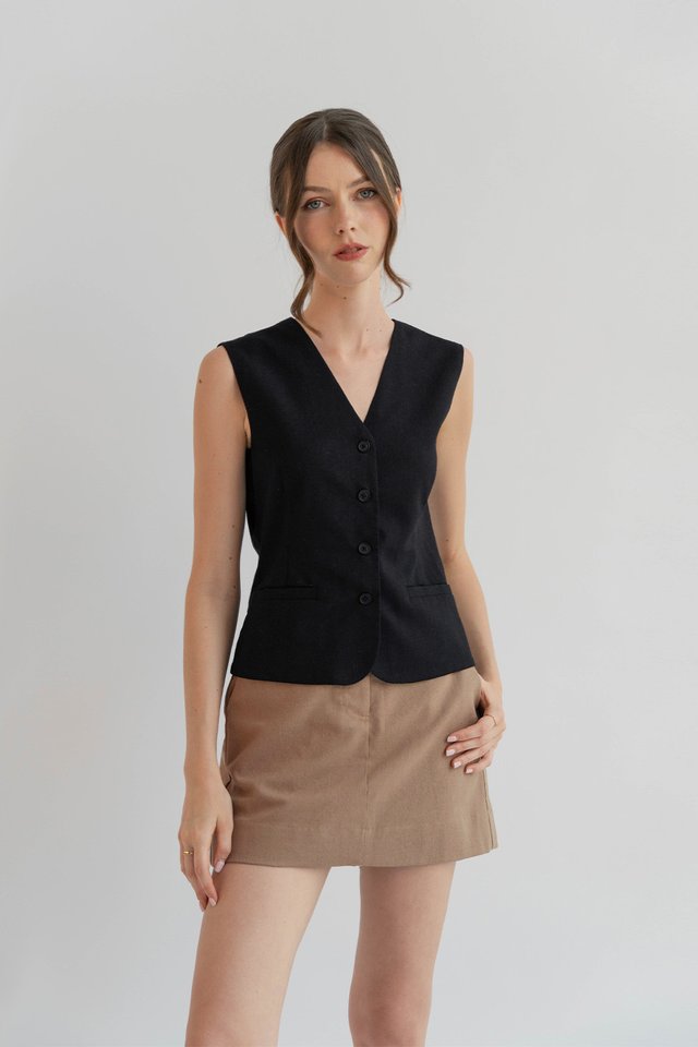KENDRA LINEN VEST TOP BLACK