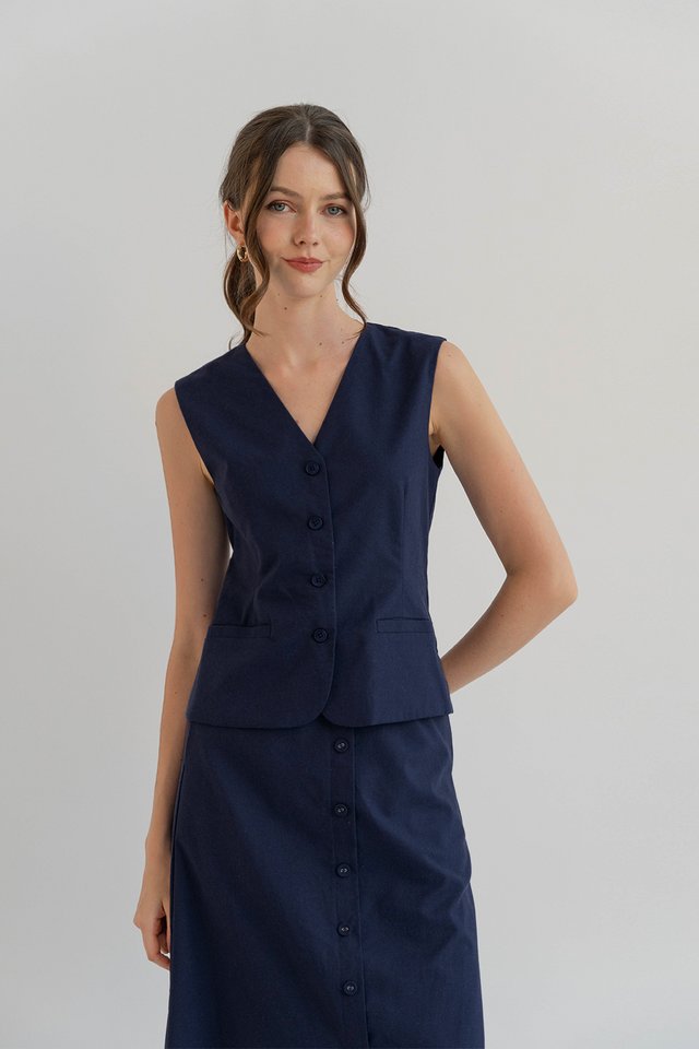 KENDRA LINEN VEST TOP NAVY