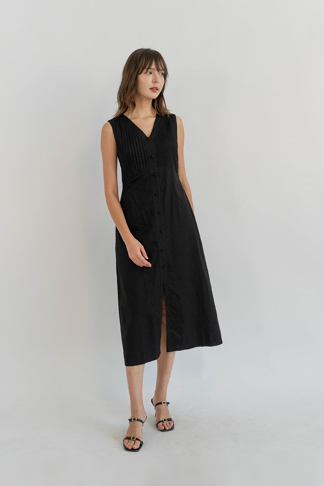 LILITH PINTUCK BUTTONDOWN DRESS BLACK