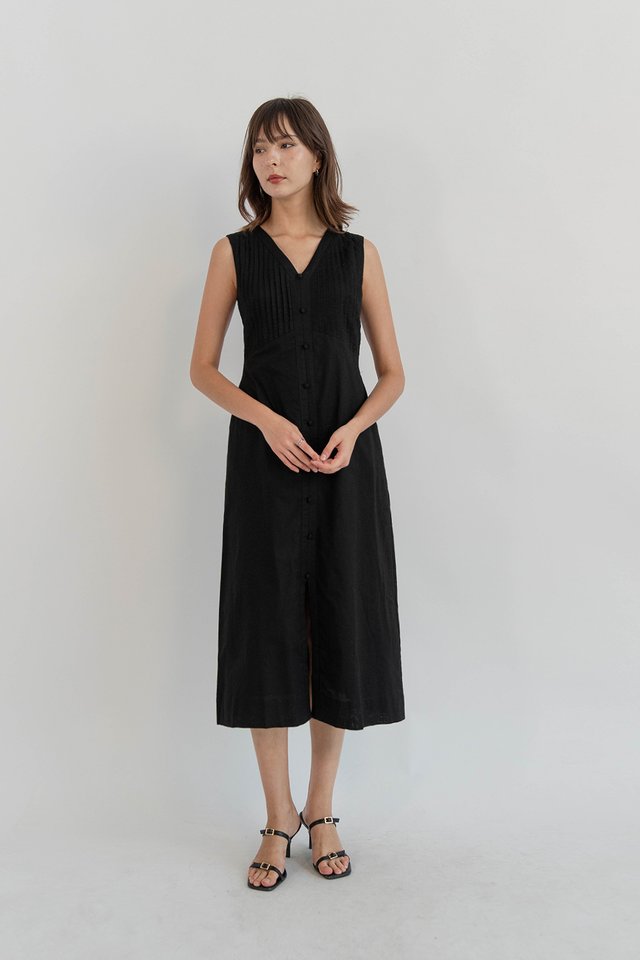 LILITH PINTUCK BUTTONDOWN DRESS BLACK