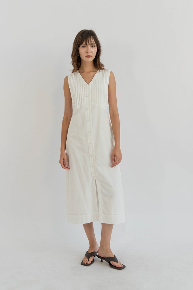 LILITH PINTUCK BUTTONDOWN DRESS WHITE