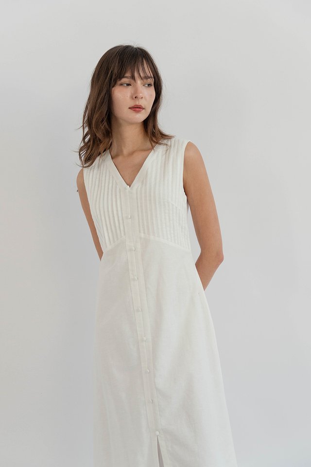 LILITH PINTUCK BUTTONDOWN DRESS WHITE