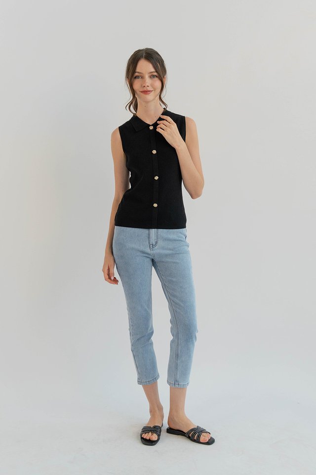 LINDY COLLARED KNIT TOP BLACK